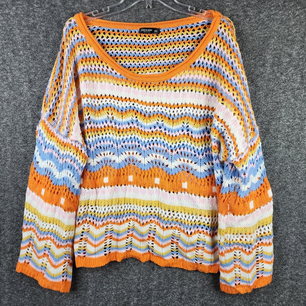 Shein Curve Sweater Womens 3XL Multicolor Chevron Open Knit Pointelle EUC